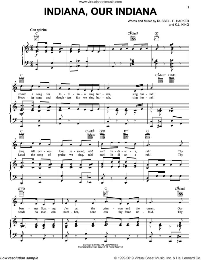 Indiana, Our Indiana sheet music for voice, piano or guitar by K.L. King and Russell P. Harker, intermediate skill level