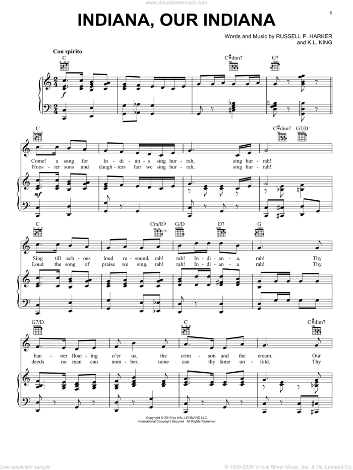 Indiana, Our Indiana sheet music for voice, piano or guitar by K.L. King and Russell P. Harker, intermediate skill level