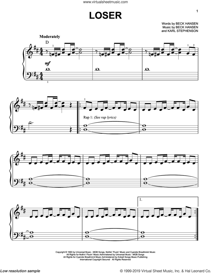 Loser sheet music for piano solo by Beck Hansen and Karl Stephenson, easy skill level