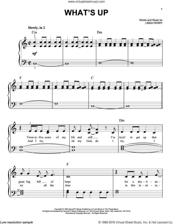 What's Up sheet music for piano solo by 4 Non Blondes and Linda Perry, easy skill level