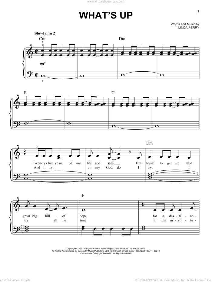 What's Up sheet music for piano solo by 4 Non Blondes and Linda Perry, easy skill level