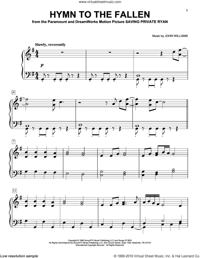 Hymn To The Fallen (from Saving Private Ryan) sheet music for piano solo by John Williams, easy skill level