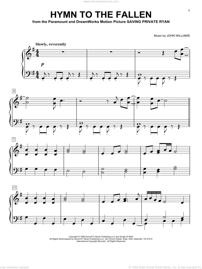 Hymn To The Fallen (from Saving Private Ryan), (easy) sheet music for piano solo by John Williams, easy skill level