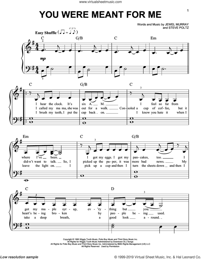 You Were Meant For Me sheet music for piano solo by Jewel, Jewel Murray and Steve Poltz, easy skill level