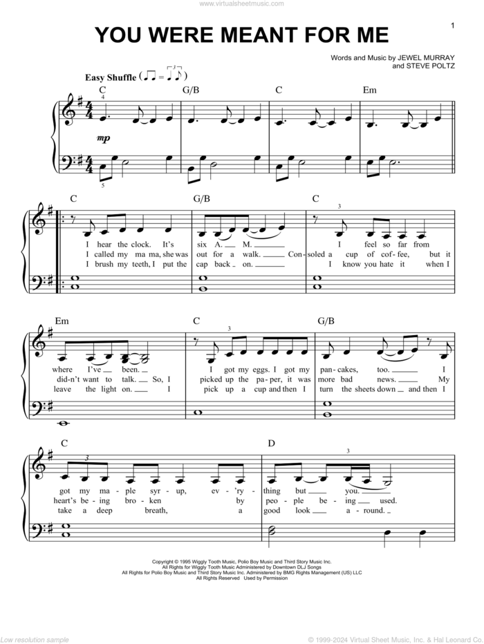 You Were Meant For Me sheet music for piano solo by Jewel, Jewel Murray and Steve Poltz, easy skill level