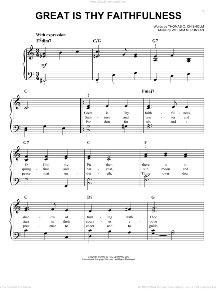 Great Is Thy Faithfulness, (easy) sheet music for piano solo by Thomas O. Chisholm and William M. Runyan, easy skill level