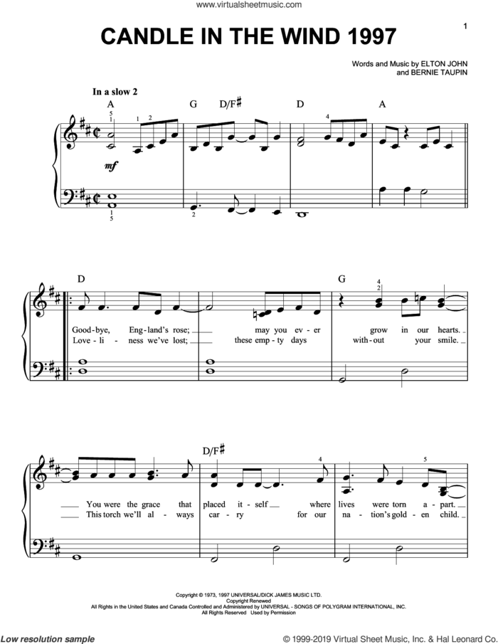 Candle In The Wind 1997 sheet music for piano solo by Elton John and Bernie Taupin, easy skill level