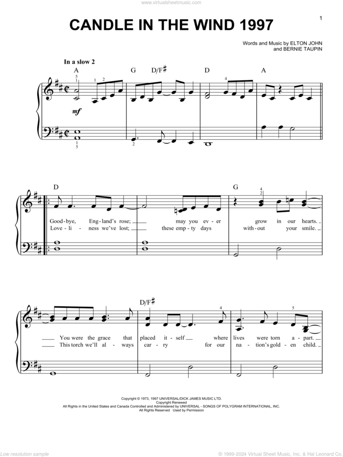 Candle In The Wind 1997 sheet music for piano solo by Elton John and Bernie Taupin, easy skill level