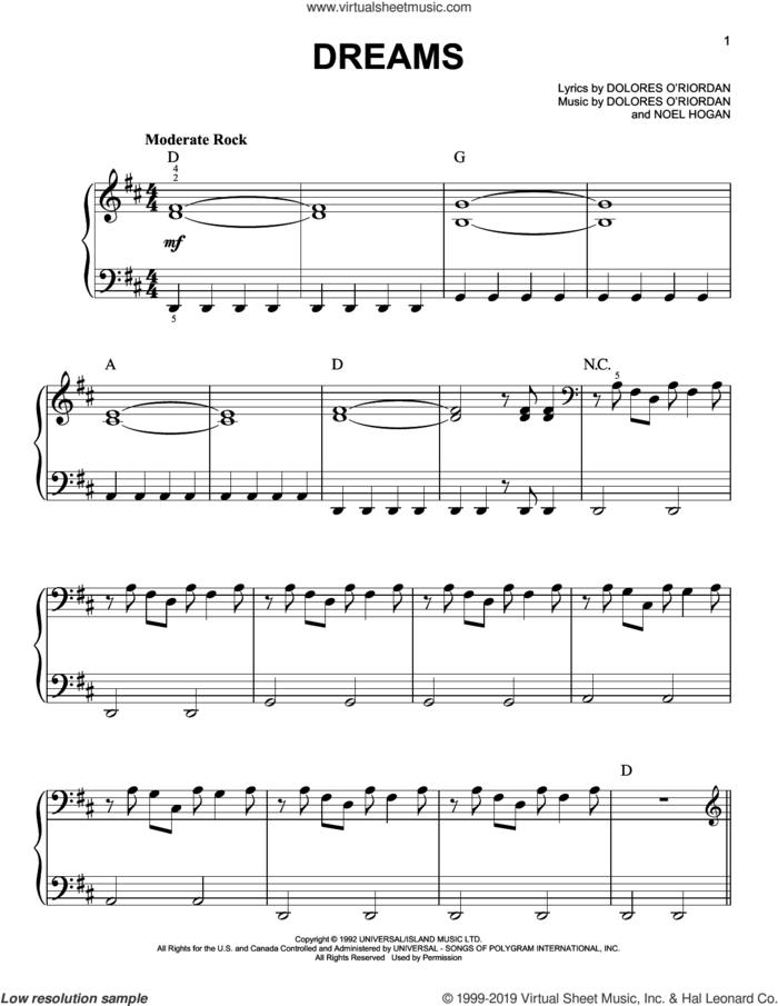 Dreams sheet music for piano solo by The Cranberries and Noel Hogan, easy skill level