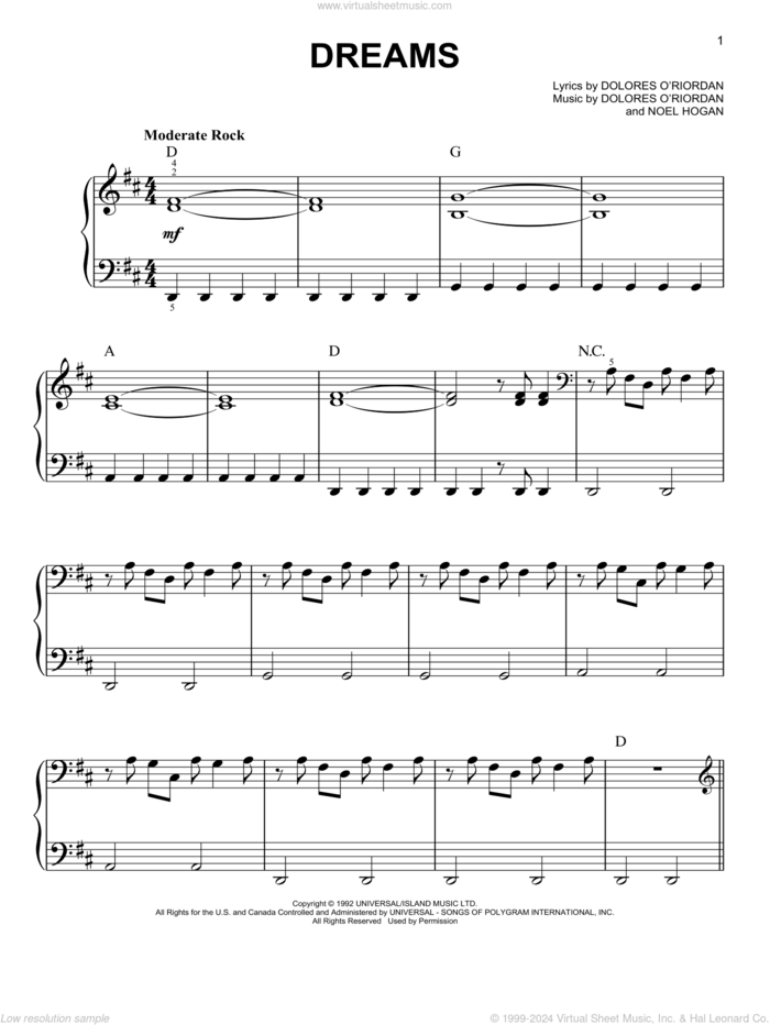 Dreams sheet music for piano solo by The Cranberries and Noel Hogan, easy skill level