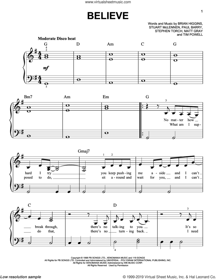 Believe sheet music for piano solo by Cher, Brian Higgins, Matt Gray, Paul Barry, Stephen Torch, Stuart McLennen and Timothy Powell, easy skill level