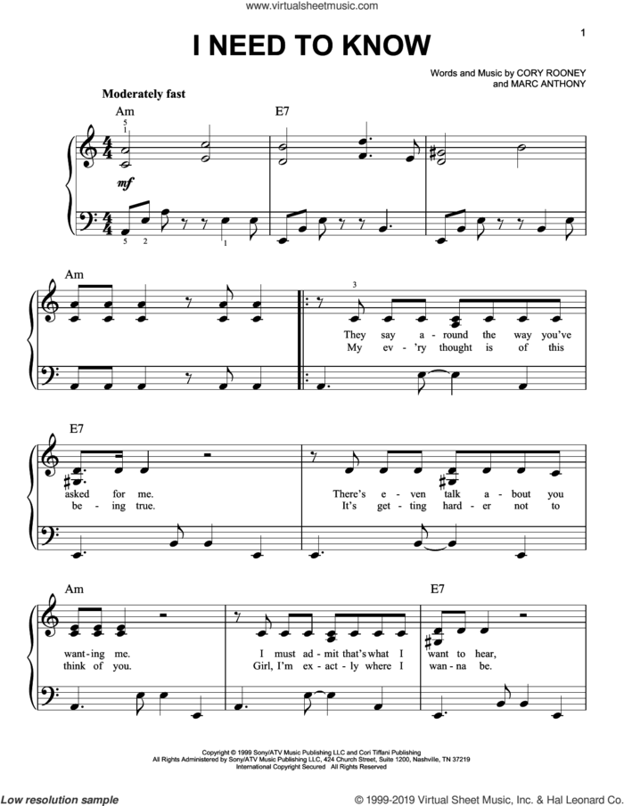 I Need To Know sheet music for piano solo by Marc Anthony and Cory Rooney, easy skill level