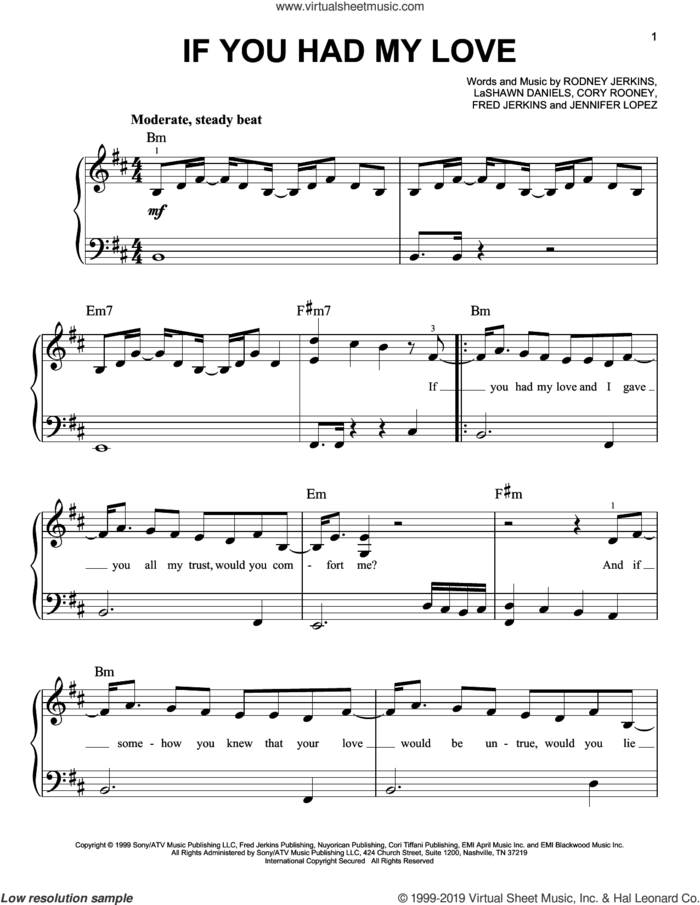 If You Had My Love sheet music for piano solo by Jennifer Lopez, Cory Rooney, Fred Jerkins, LaShawn Daniels and Rodney Jerkins, easy skill level