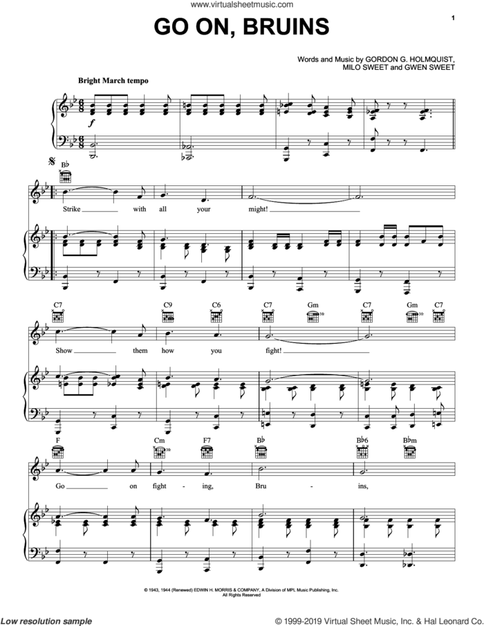 Go On, Bruins sheet music for voice, piano or guitar by Gwen Sweet, Gordon G. Holmquist and Milo Sweet, intermediate skill level