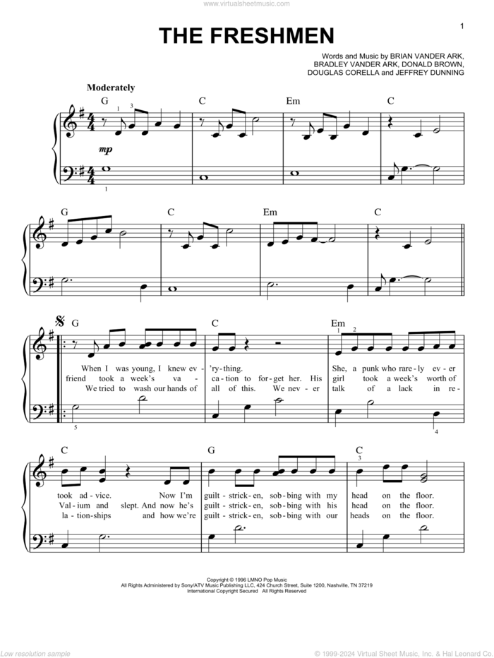 The Freshmen sheet music for piano solo by The Verve Pipe, Bradley Vander Ark, Brian Vander Ark, Donald Brown, Douglas Corella and Jeffrey Dunning, easy skill level