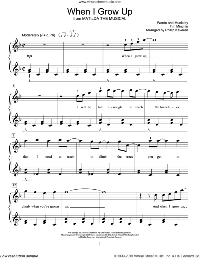 When I Grow Up (from Matilda The Musical) (arr. Phillip Keveren) sheet music for piano solo (elementary) by Tim Minchin and Phillip Keveren, beginner piano (elementary)