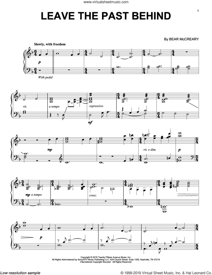 Leave The Past Behind (from Outlander) sheet music for piano solo by Bear McCreary, intermediate skill level