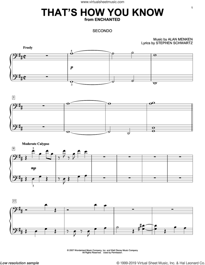 That's How You Know (from Enchanted) sheet music for piano four hands by Amy Adams, Alan Menken and Stephen Schwartz, intermediate skill level