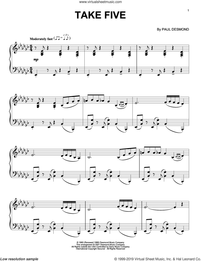 Take Five sheet music for piano solo by The Dave Brubeck Quartet and Paul Desmond, intermediate skill level