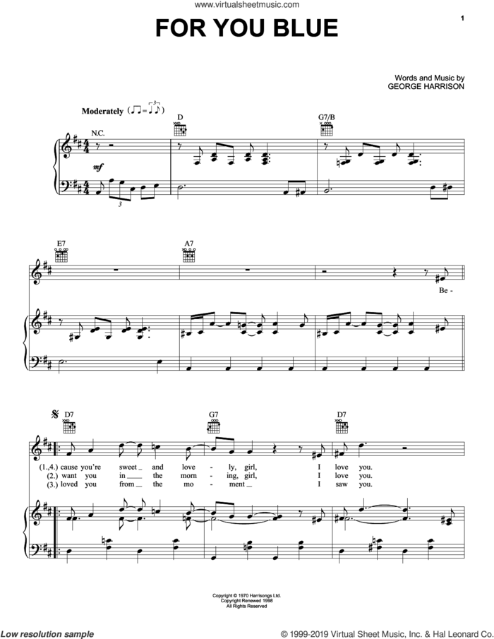 For You Blue sheet music for voice, piano or guitar by The Beatles and George Harrison, intermediate skill level