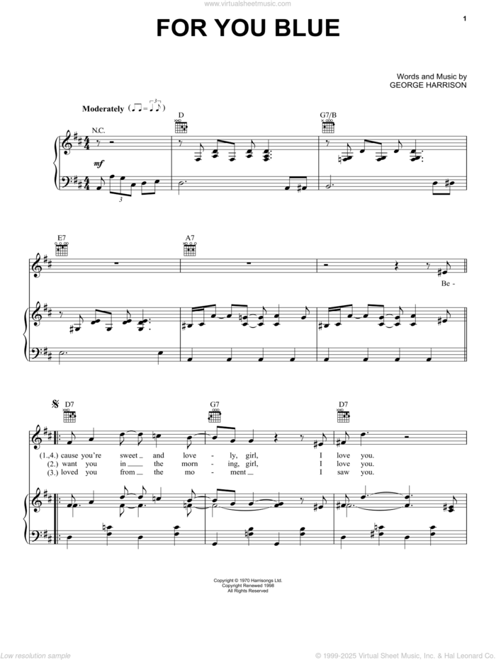 For You Blue sheet music for voice, piano or guitar by The Beatles and George Harrison, intermediate skill level