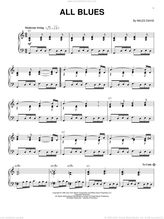 All Blues, (intermediate) sheet music for piano solo by Miles Davis, intermediate skill level