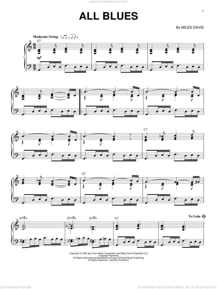 All Blues, (intermediate) sheet music for piano solo by Miles Davis, intermediate skill level