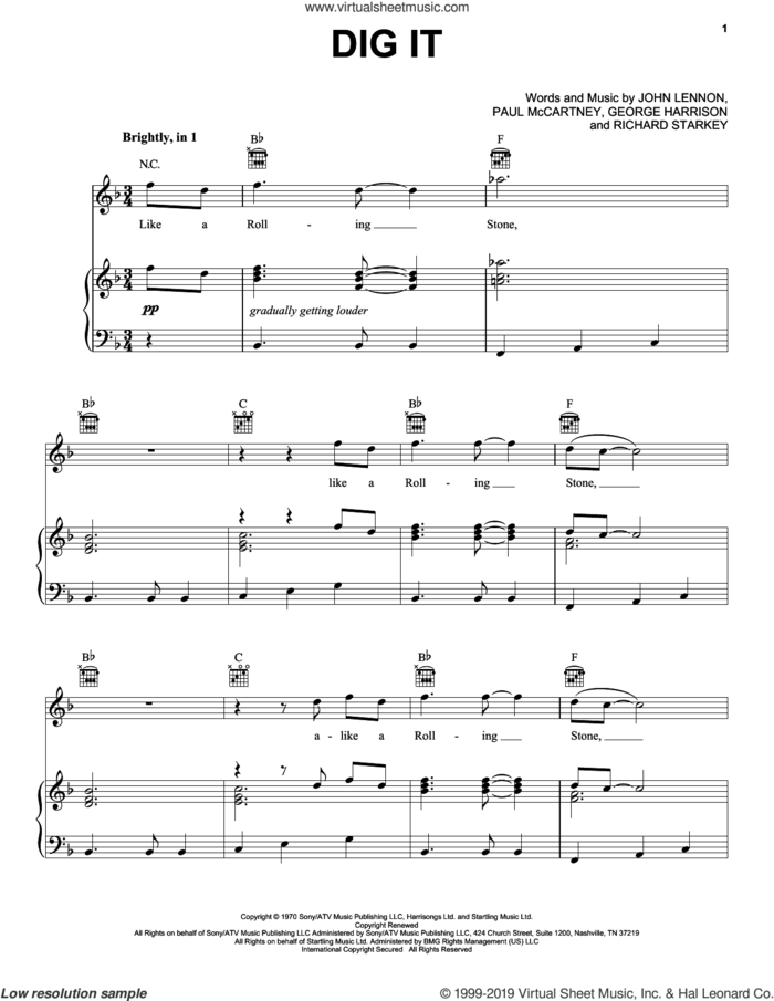 Dig It sheet music for voice, piano or guitar by The Beatles, George Harrison, John Lennon, Paul McCartney and Richard Starkey, intermediate skill level