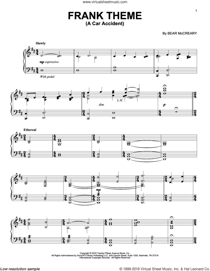 Frank Theme (A Car Accident) (from Outlander) sheet music for piano solo by Bear McCreary, intermediate skill level