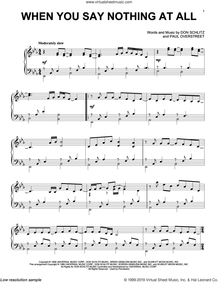 When You Say Nothing At All sheet music for piano solo by Alison Krauss & Union Station, Alison Krauss, Union Station, Don Schlitz and Paul Overstreet, intermediate skill level