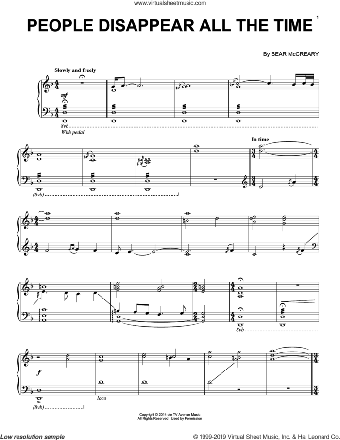 People Disappear All The Time (from Outlander) sheet music for piano solo by Bear McCreary, intermediate skill level