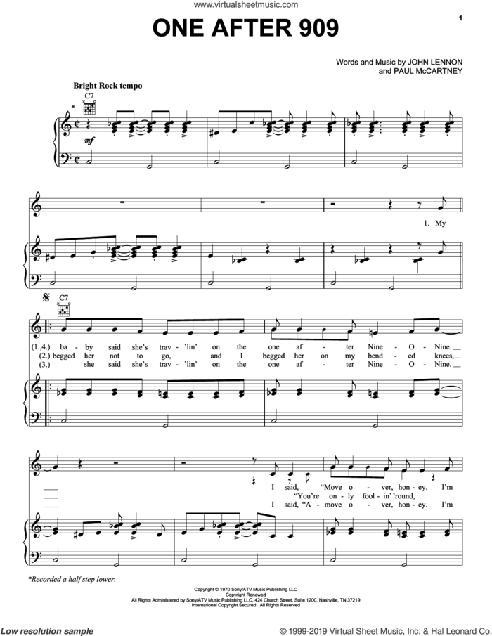 One After 909 sheet music for voice, piano or guitar by The Beatles, John Lennon and Paul McCartney, intermediate skill level