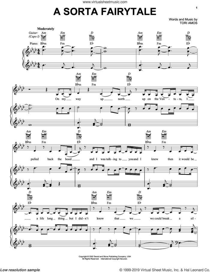 A Sorta Fairytale sheet music for voice, piano or guitar by Tori Amos, intermediate skill level