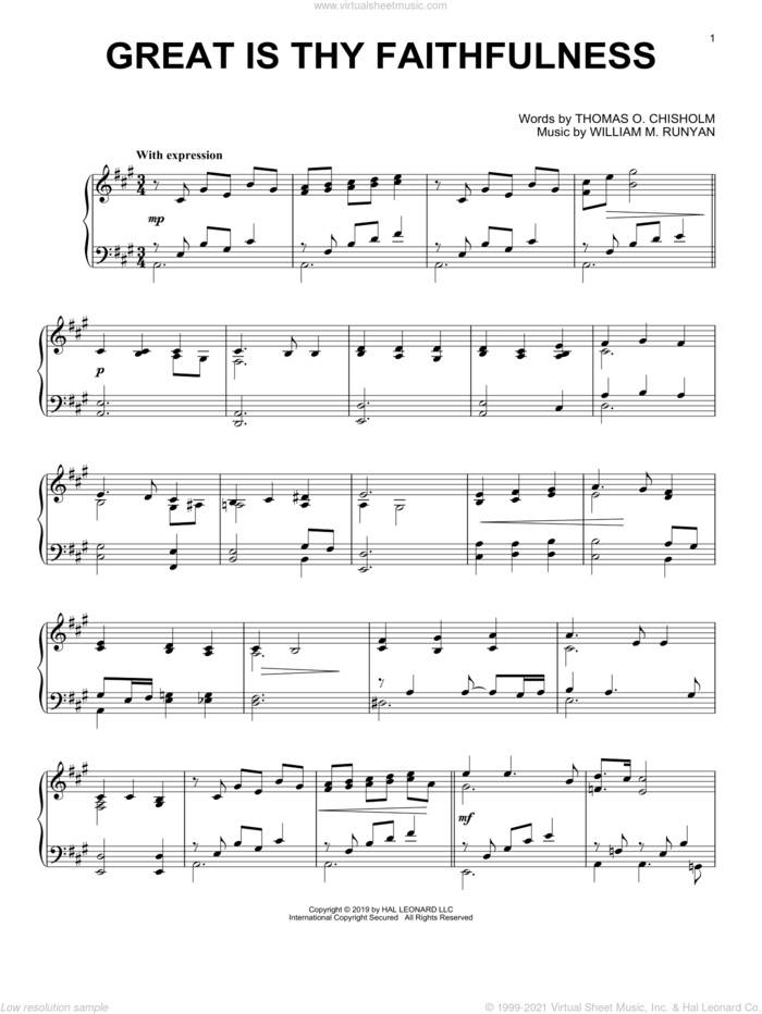 Great Is Thy Faithfulness sheet music for piano solo by Thomas O. Chisholm and William M. Runyan, intermediate skill level