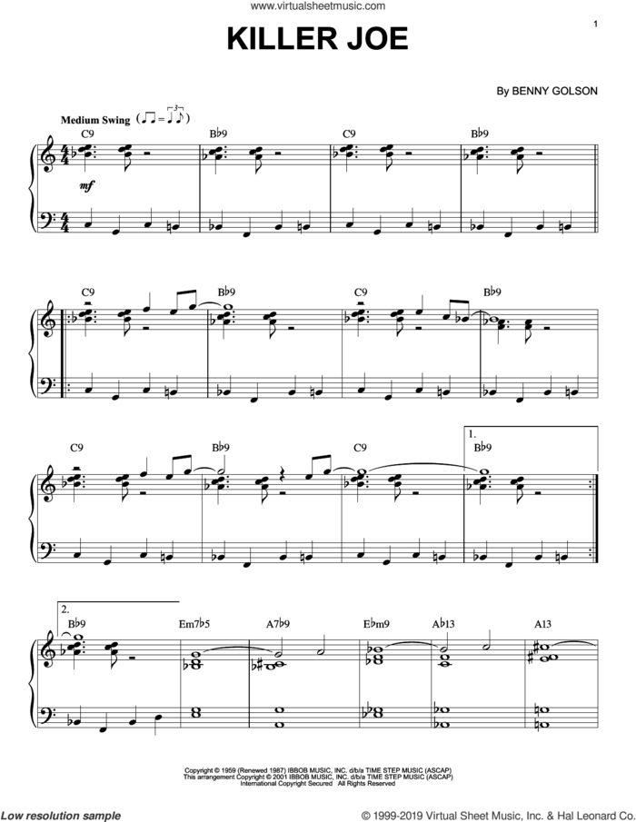 Killer Joe, (intermediate) sheet music for piano solo by Benny Golson, intermediate skill level