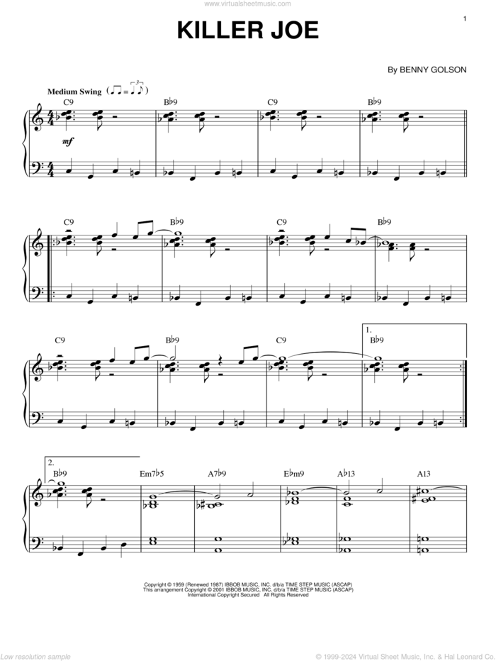 Killer Joe, (intermediate) sheet music for piano solo by Benny Golson, intermediate skill level