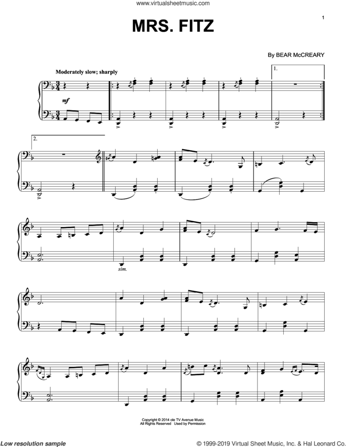 Mrs. Fitz (from Outlander) sheet music for piano solo by Bear McCreary, intermediate skill level
