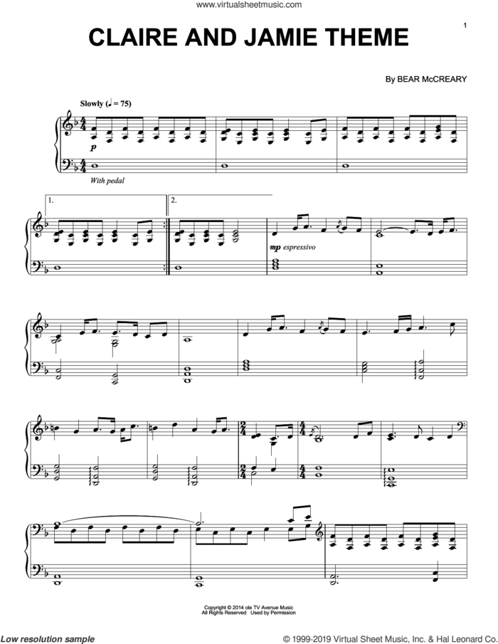 Claire And Jamie Theme (from Outlander) sheet music for piano solo by Bear McCreary, intermediate skill level
