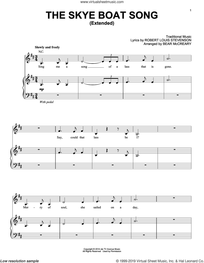 The Skye Boat Song (Extended) (from Outlander) sheet music for voice, piano or guitar by Robert Louis Stevenson and Bear McCreary, intermediate skill level
