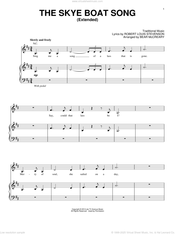 The Skye Boat Song (Extended) (from Outlander) sheet music for voice, piano or guitar by Robert Louis Stevenson and Bear McCreary, intermediate skill level