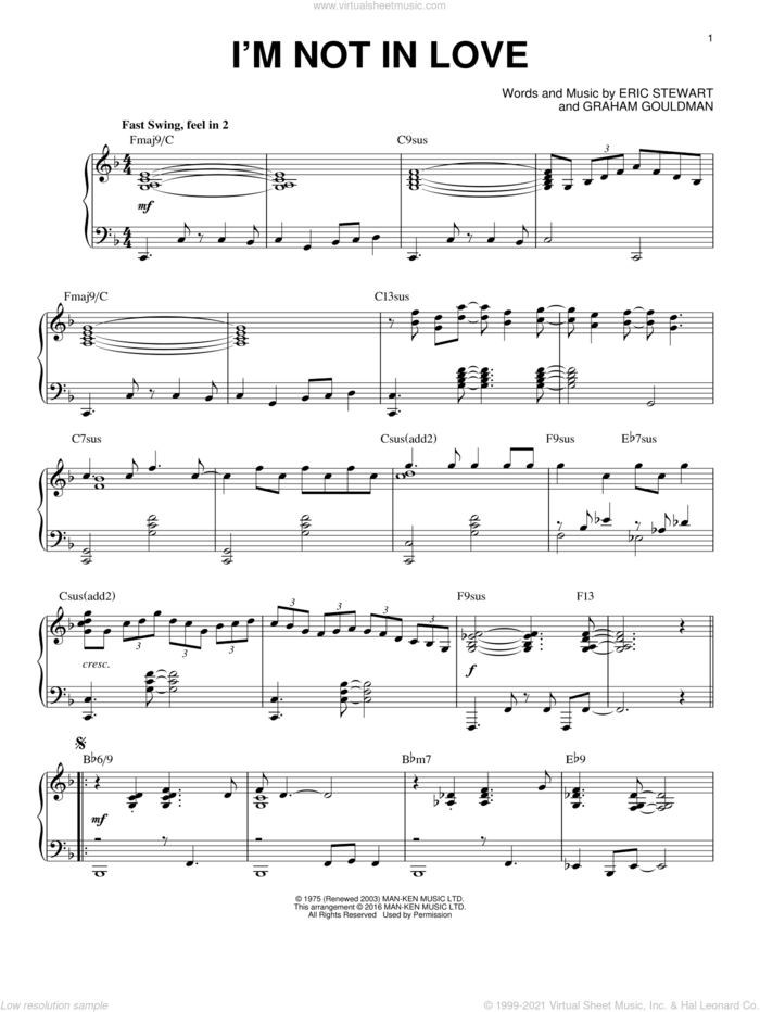 I'm Not In Love [Jazz version] (arr. Brent Edstrom) sheet music for piano solo by 10Cc, Brent Edstrom, Eric Stewart and Graham Gouldman, intermediate skill level