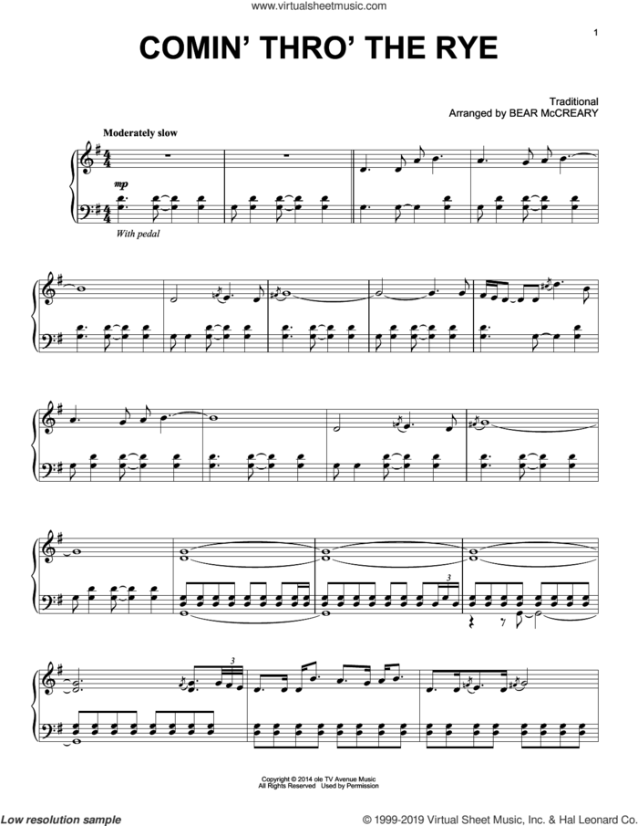 Comin' Thro' The Rye (from Outlander) sheet music for piano solo by Bear McCreary, intermediate skill level