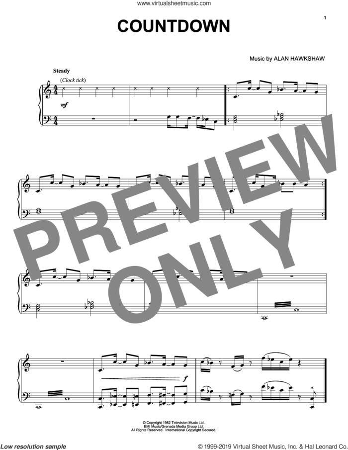 Countdown sheet music for piano solo by Alan Hawkshaw, intermediate skill level