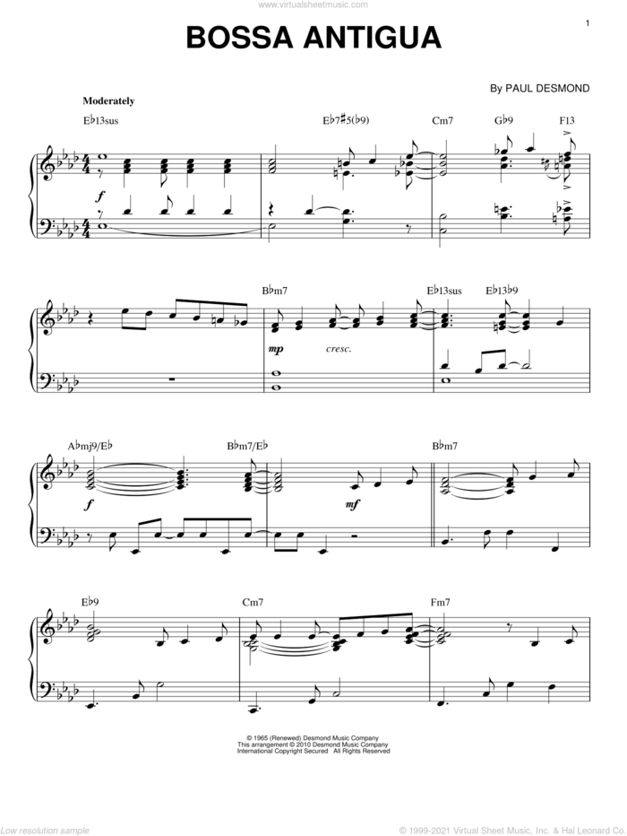 Bossa Antigua [Jazz version] (arr. Brent Edstrom) sheet music for piano solo by Paul Desmond and Brent Edstrom, intermediate skill level