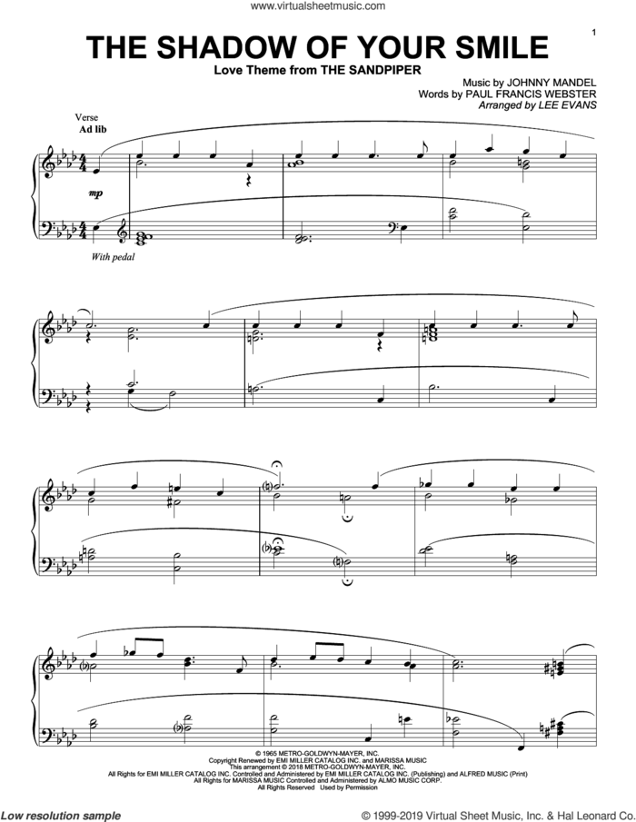 The Shadow Of Your Smile (arr. Lee Evans) sheet music for piano solo by Johnny Mandel, Lee Evans and Paul Francis Webster, intermediate skill level