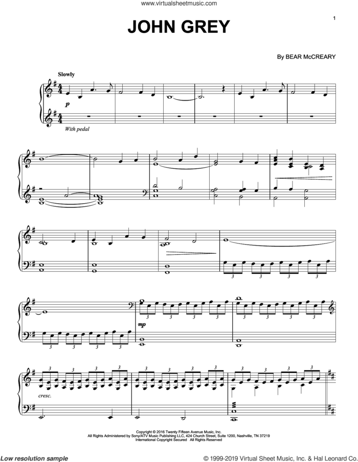 John Grey (from Outlander) sheet music for piano solo by Bear McCreary, intermediate skill level
