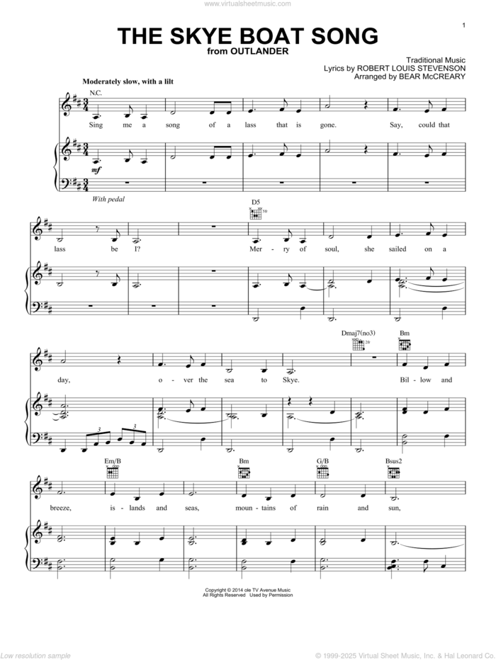 The Skye Boat Song (from Outlander) sheet music for voice, piano or guitar by Robert Louis Stevenson and Bear McCreary, intermediate skill level