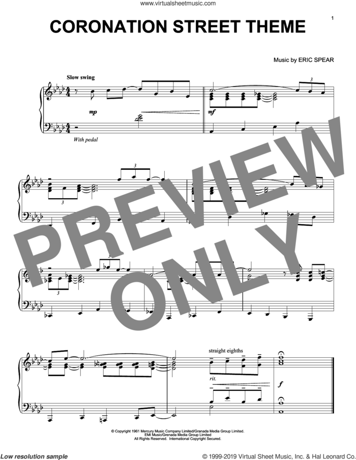 Coronation Street Theme sheet music for piano solo by Eric Spear, intermediate skill level