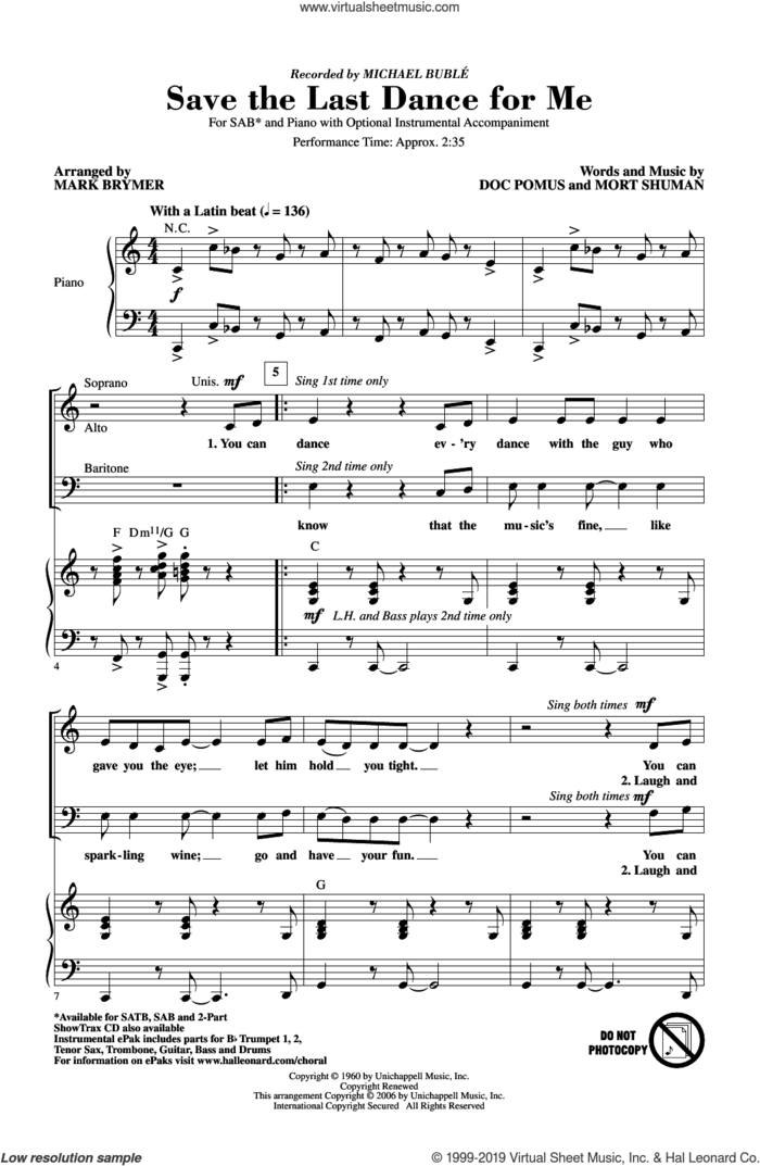 Save The Last Dance For Me (arr. Mark Brymer) sheet music for choir (SAB: soprano, alto, bass) by Michael Buble, Mark Brymer, Doc Pomus and Mort Shuman, intermediate skill level