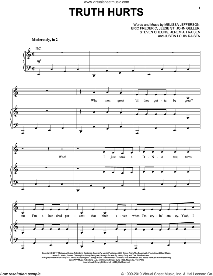 Truth Hurts sheet music for voice, piano or guitar by Lizzo, Eric Frederic, Jeremiah Raisen, Jesse St. John Geller, Justin Louis Raisen, Melissa Jefferson and Steven Cheung, intermediate skill level